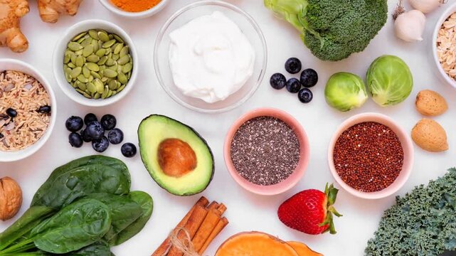 Healthy food ingredients. Overhead view table scene on a white marble background. Slow rotating zoom motion. Super foods, green vegetables, berries, whole grains, seeds, spices and nutritious items.
