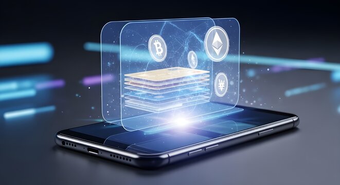 Futuristic digital wallet concept showing a glowing 3D hologram of credit cards and cryptocurrency icons hovering over a smartphone.