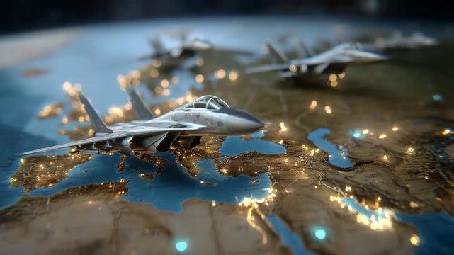 262Photorealistic arrangement of scale jet models over a world map, glowing waypoints and tactical symbols, metallic aircraft reflecting ambient light, shallow depth of field emphasiz