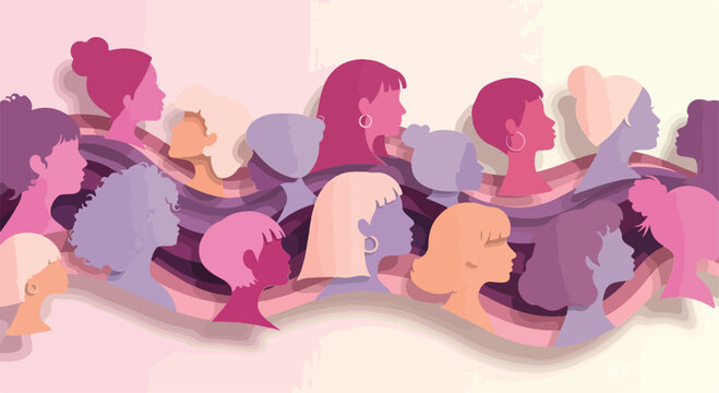 Diverse women silhouettes in pink and purple tones, female empowerment community banner, group of women profiles for international women's day