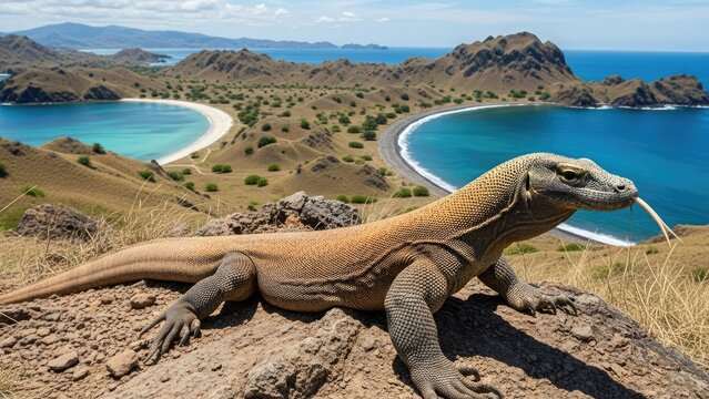 A large lizard sitting on a rock overlooking a beautiful bay