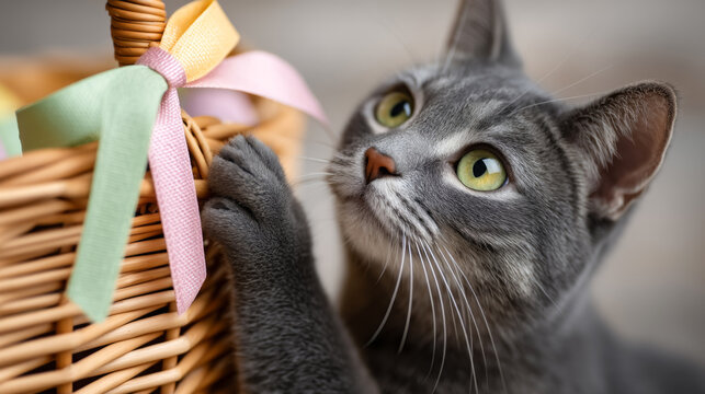 Curious cat playing with ribbon on easter basket &ndash; perfect for pet lovers and holiday decor