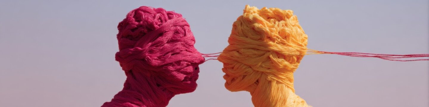 Two adult caucasian female profiles heavily wrapped in pink and yellow yarn touching noses with interwoven threads tactile surreal portrait