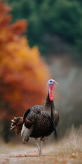 Fototapeta premium Wild turkey standing in autumn meadow with colorful fall foliage soft blurred background vertical wildlife portrait outdoors