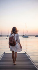Fototapeta premium Young Woman with Backpack Walking on Pier Towards Sunset Horizon