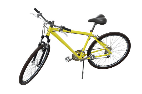 Yellow bicycle standing while leaning on kickstand, side top view. Bike resting on kick stand isolated on white background, 3D illustration