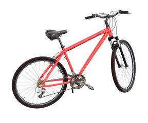 Fototapeta premium Red bicycle standing while leaning on kickstand, side view. Bike resting on kick stand isolated on white background, 3D illustration