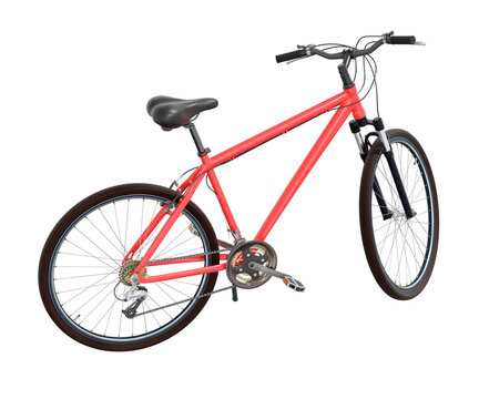 Red bicycle standing while leaning on kickstand, side view. Bike resting on kick stand isolated on white background, 3D illustration