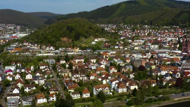 Aerial view of the city and old town in Eberbach in Germany beside the river neckar. On a sunny spring day