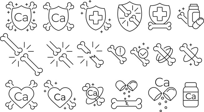 Healthy bone care icons set. Human anatomy and medical outline symbols. Editable stroke. Vector illustration