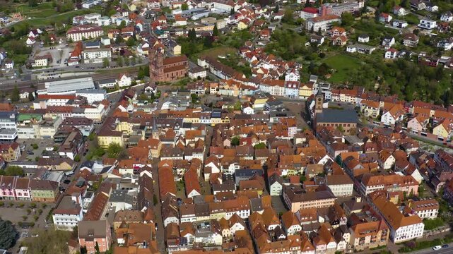 Aerial view of the city and old town in Eberbach in Germany beside the river neckar. On a sunny spring day