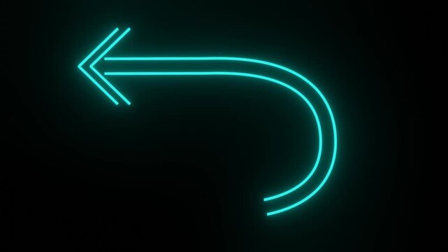 cyan neon glowing curved undo return arrow seamless loop on dark background