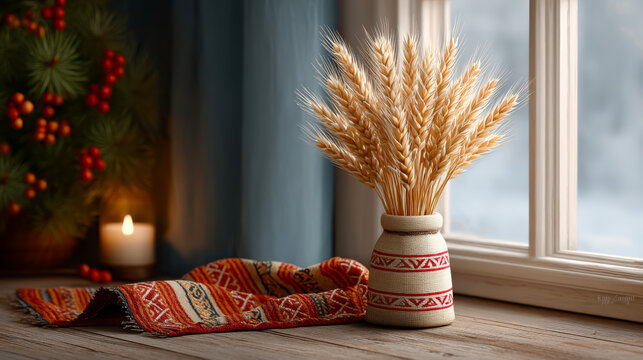 Ultra realistic traditional didukh wheat sheaf display in serene home setting