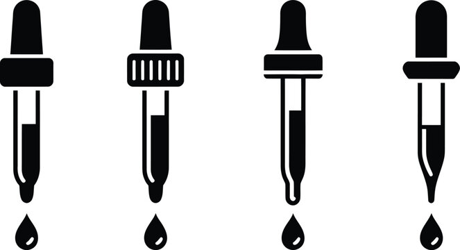 Four dropper bottles displayed in a simple black silhouette, bold vector illustration