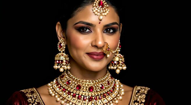 Indian bride closeup looking at camera wearing heavy gold jewelry and nose ring with black background studio portrait wedding beauty fashion advertisement use