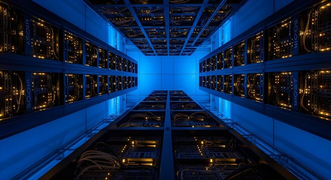 Low angle view looking up at towering server racks in a glowing blue modern data center.