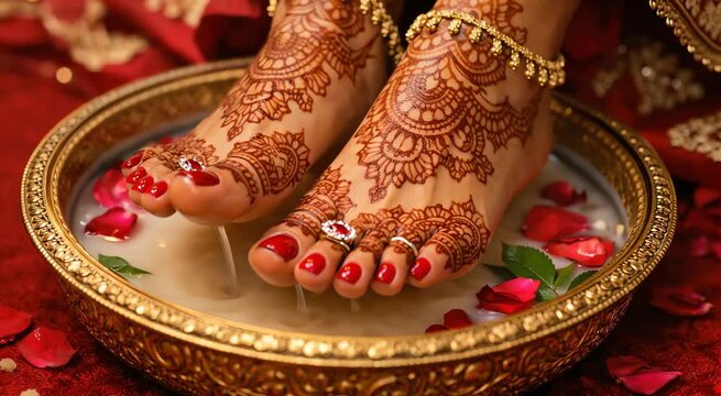 Indian bride feet with mehndi soaking in milk and rose petal in decorative bowl close up ritual wedding beauty tradition culture spa skincare advertisement use