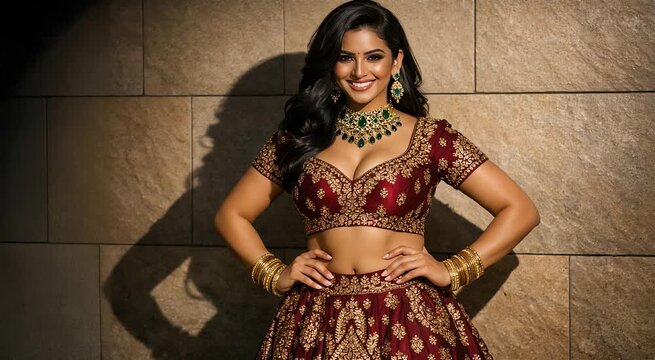 Indian bride standing with hands on waist smiling at camera wearing red lehenga and green gemstone jewelry mid shot portrait wedding beauty fashion advertisement use