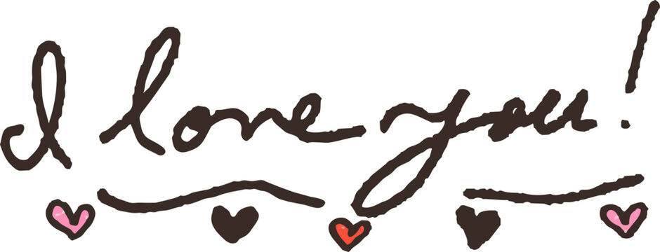手描き風の「I love you!」という文字と可愛いハートのメッセージ素材