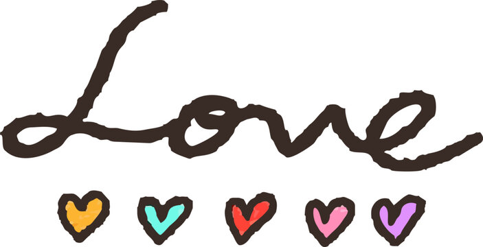 手描き風の「Love」という文字とカラフルな5色のハートのイラスト素材