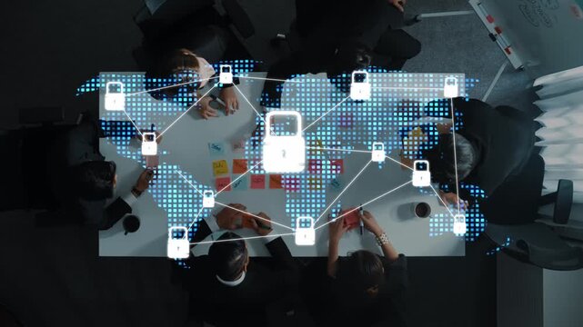 In a modern office environment, a team of professionals engages in a strategic meeting, surrounded by digital security icons and network connections that signify data protection. Raster