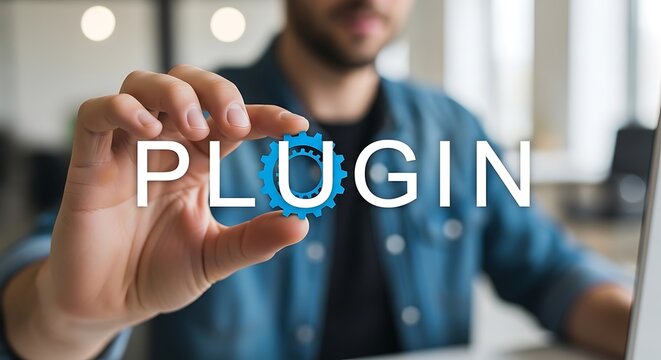 Software developer holding digital plugin icon for web application enhancement