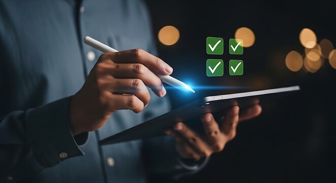 Person using stylus on tablet with digital checklist and green checkmarks to do list task management