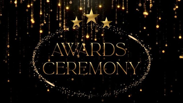 Ready-to-use video intro with animated gold AWARDS CEREMONY text and three stars, golden glitter and shimmering bokeh lights on black background for awards, nominations and event recaps.