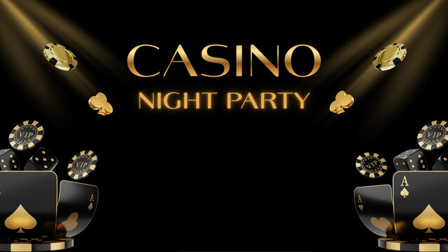 Luxurious black and gold casino background with 3D playing cards, VIP chips, dice, spotlights and Casino Night Party text, with copyspace. Premium template for online casino, web banner and invitation
