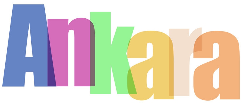 Colorful 'Ankara' Text with Overlapping Letters and Drop Shadows on White Background