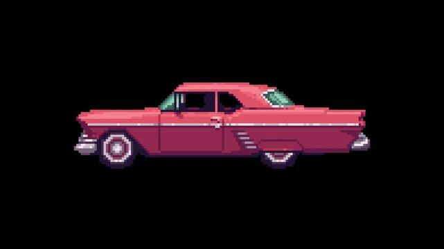 Red vintage car driving in side view. Retro pixel art animation with alpha channel for game development project. Classic automobile movement graphic sequence.