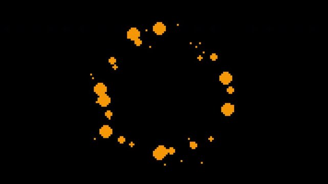 Orange pixel art particle ring rotating in loop. Circular glowing splash effect with dots for retro game design. Dynamic motion sequence with alpha channel background.