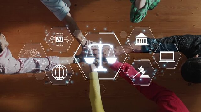This image depicts a digital concept blending law and technology, featuring scales of justice, symbols of AI, and modern practices, all set on a wooden background. Raster