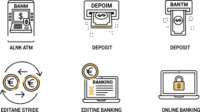 Modern banking services icons set with ATM, deposit, online security, and digital transactions in flat design