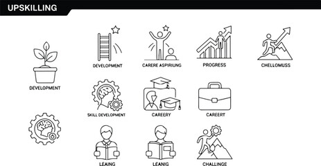Fototapeta premium Upskilling concept illustration with growth, career, and learning icons in flat design for business and education