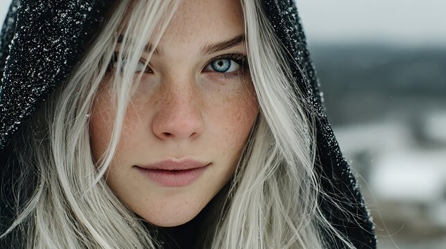 Blonde woman in hooded coat with snow and icy blue eyes