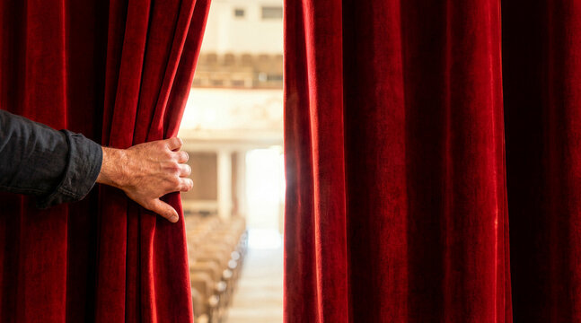 Hand pulling back a red velvet curtain to reveal an empty theater auditorium. Backstage view of a brightly lit stage and rows of seats before a performance