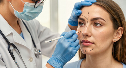 Fototapeta premium Female plastic surgeon drawing surgical markings on patient face. Doctor preparing woman for cosmetic surgery in clinic. Facial aesthetic procedure consultation