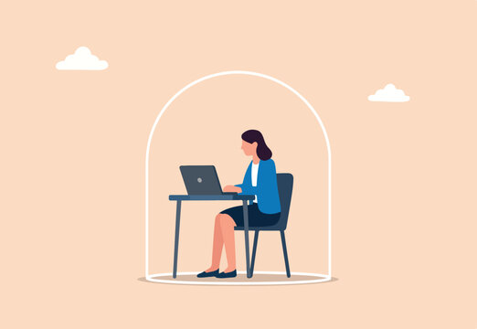 Introvert working space, privacy to work individual, employee work productively when working alone concept, introvert disconnected woman working alone with computer laptop covered inside glass dome