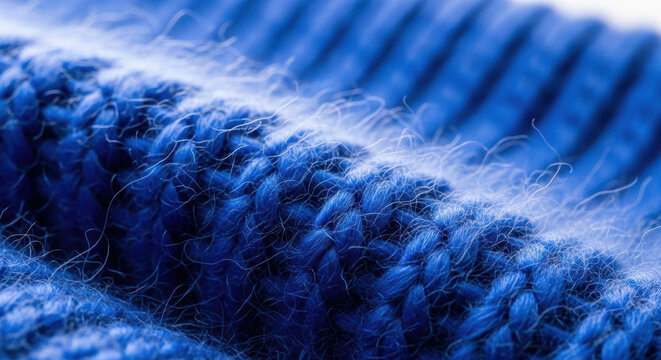Macro Close-Up of Cozy Blue Knitted Wool Fabric Texture