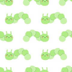 Obraz premium Seamless pattern with cute green caterpillar. Simple background with garden animal for children's design, scrapbook, textile, wrapping, stickers. Flat vector background on white.