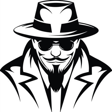 Black and white mafia man with hat and beard looks menacingly