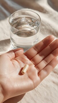 Minimalist image of a probiotic capsule in hand with a glass of water, highlighting wellness, purity, and daily health routines in natural sunlight