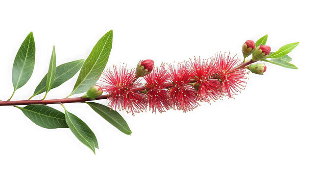Australian red bottlebrush callistemon flower branch with green foliage isolated on transparent background