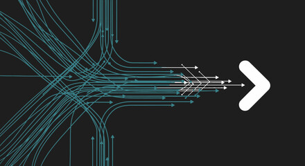 Abstract network diagram with diverging and converging light blue arrows leading to a single white arrow on a dark background. © UDIN