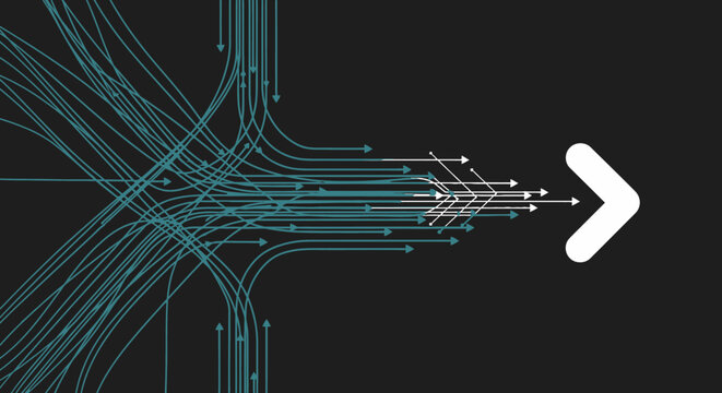 Abstract network diagram with diverging and converging light blue arrows leading to a single white arrow on a dark background.