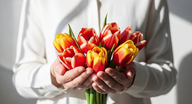 A person holding a vibrant bouquet of red and yellow tulips in their hands