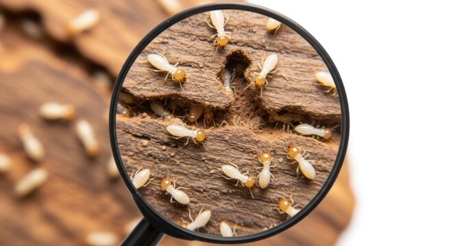 Termites infesting wood, magnified by a lens, showing their destructive burrowing