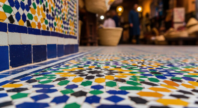 Vibrant Moroccan Zellige Mosaic Tiles in a Traditional Souk Setting