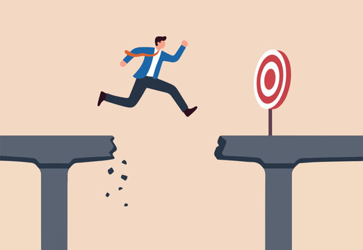 Survive and success in crisis, businessman jumping on collapse bridge to reach target